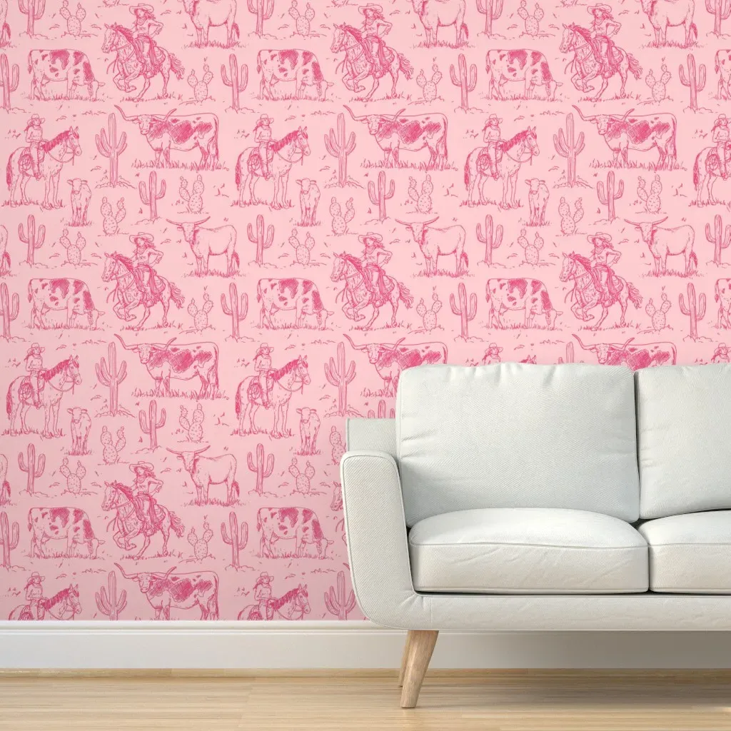 Vintage Western Cowgirl Toile Peel and Stick Wallpaper - Pink product