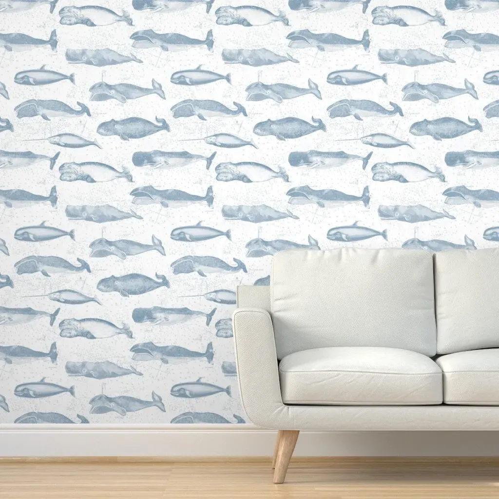 Vintage Whale Illustrations Peel and Stick Wallpaper - Light Blue product