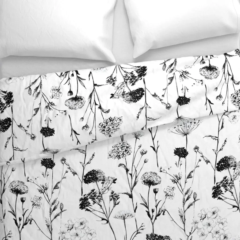 Vintage Wildflower Line Art Duvet Cover - Black alternate view