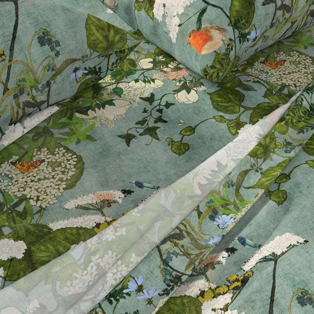 Vintage Wildflowers Foliage Butterflies Robins King Sheet Set - White alternate view