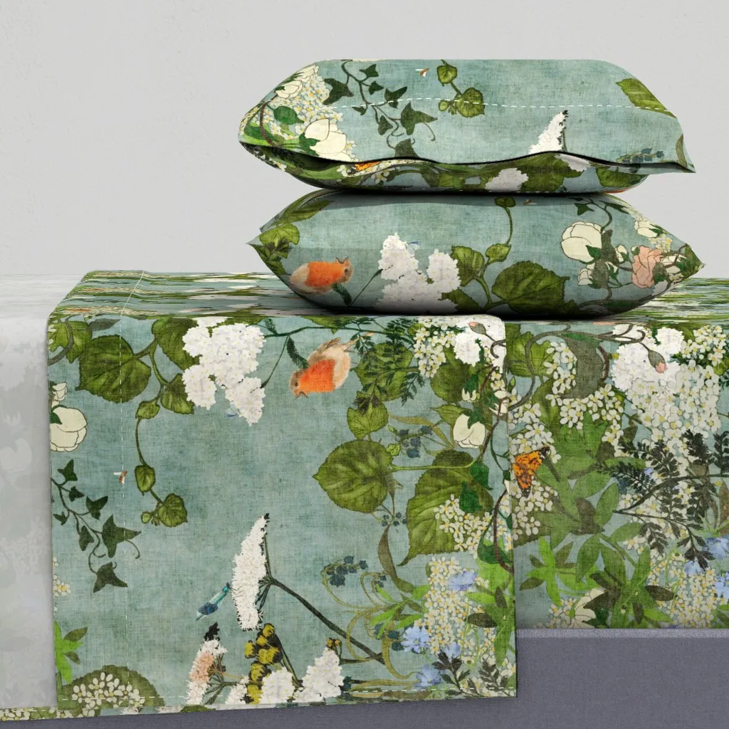 Vintage Wildflowers Foliage Butterflies Robins King Sheet Set - White product