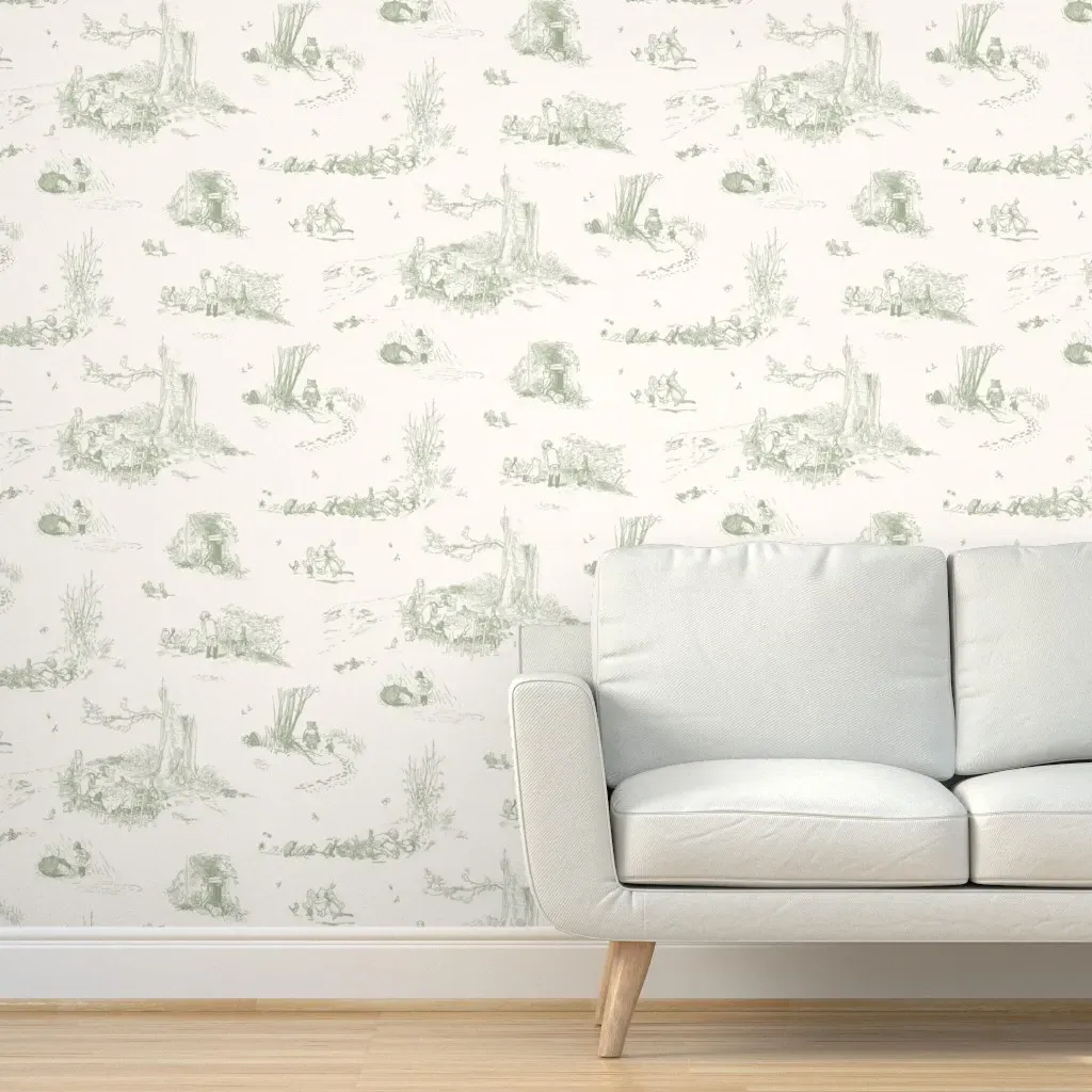 Vintage Winnie The Pooh Toile De Jouy Peel and Stick Wallpaper - Sage Green product