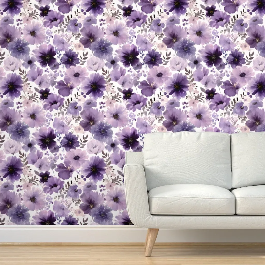 Violet Floral Watercolor Wildflower Peel and Stick Wallpaper - Purple product