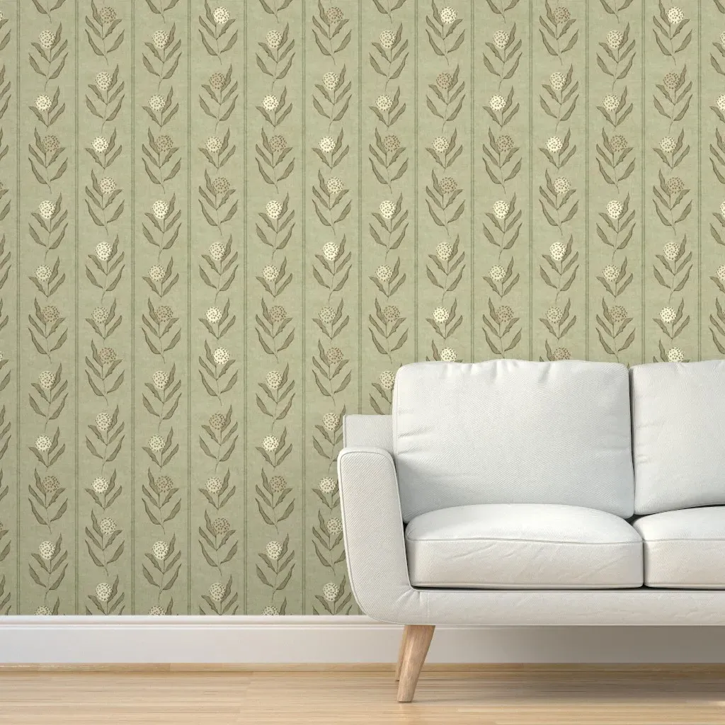 Virelle Stripe Antique Floral Peel and Stick Wallpaper - Sage Green product
