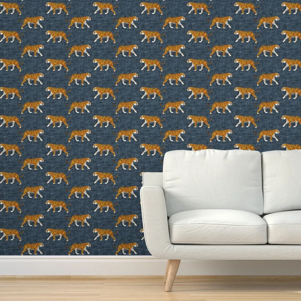 Walking Tigers Peel and Stick Wallpaper - Blue, Woven product