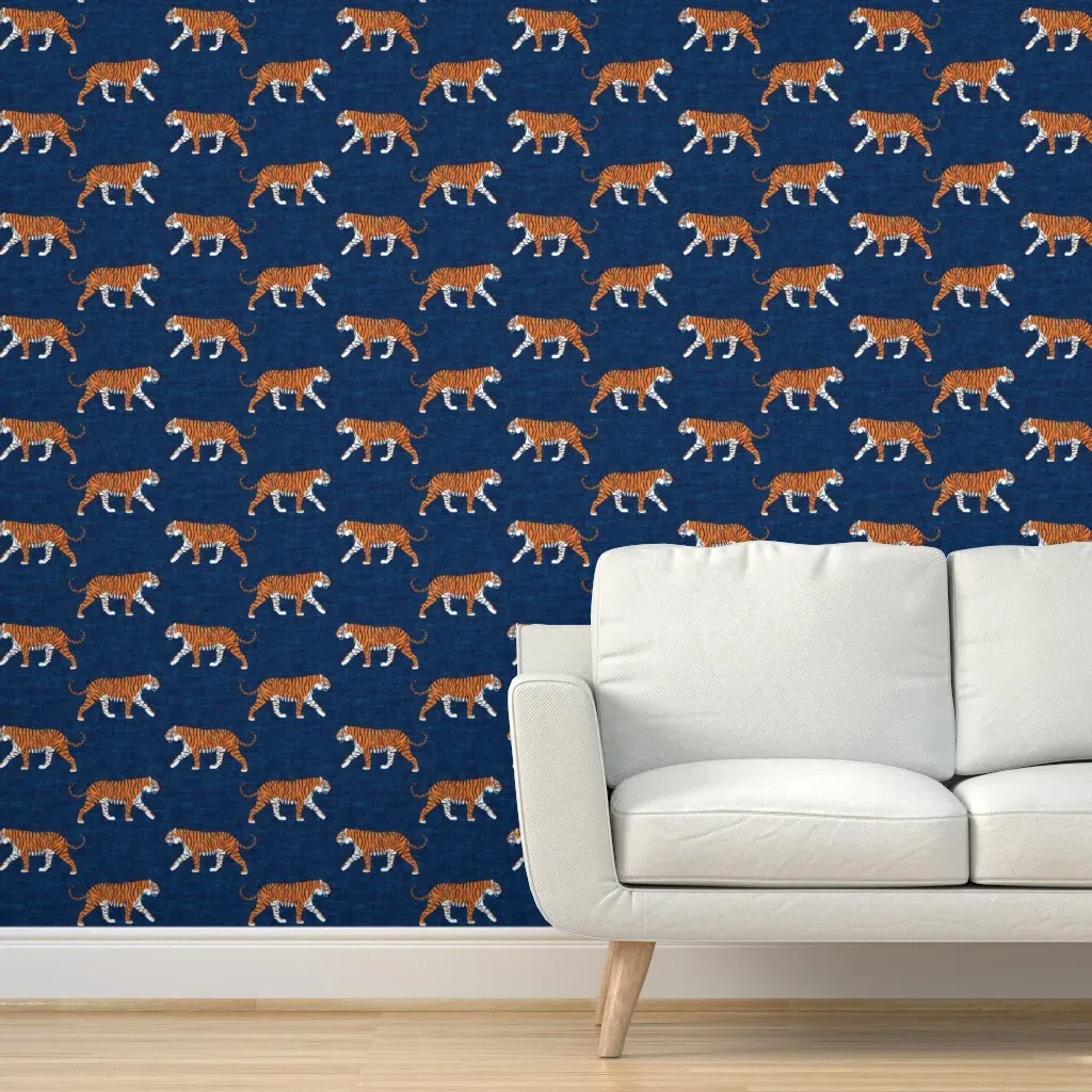 Walking Tigers Peel and Stick Wallpaper - Navy/Orange product
