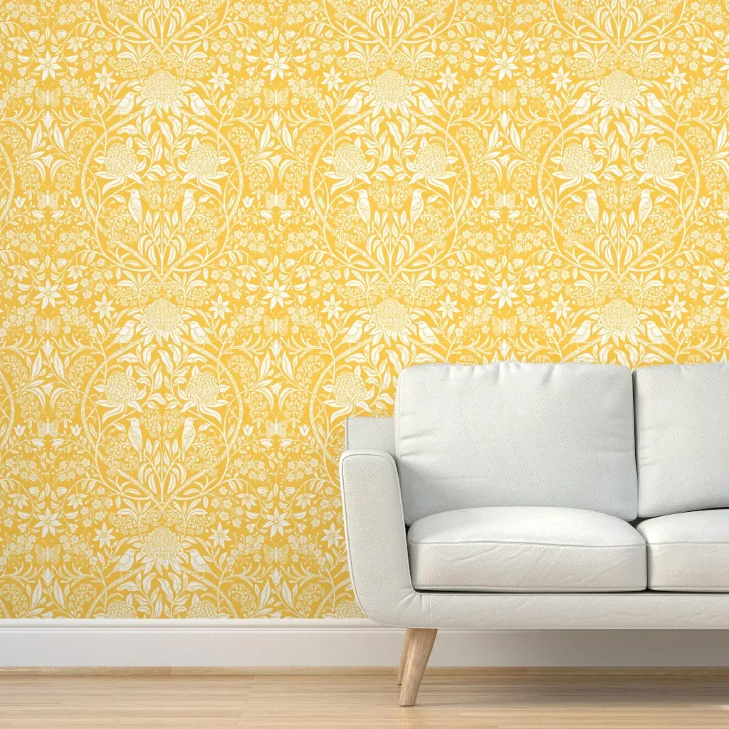 Waratah Floral Honeyeater Bird Damask Peel and Stick Wallpaper - Yellow product