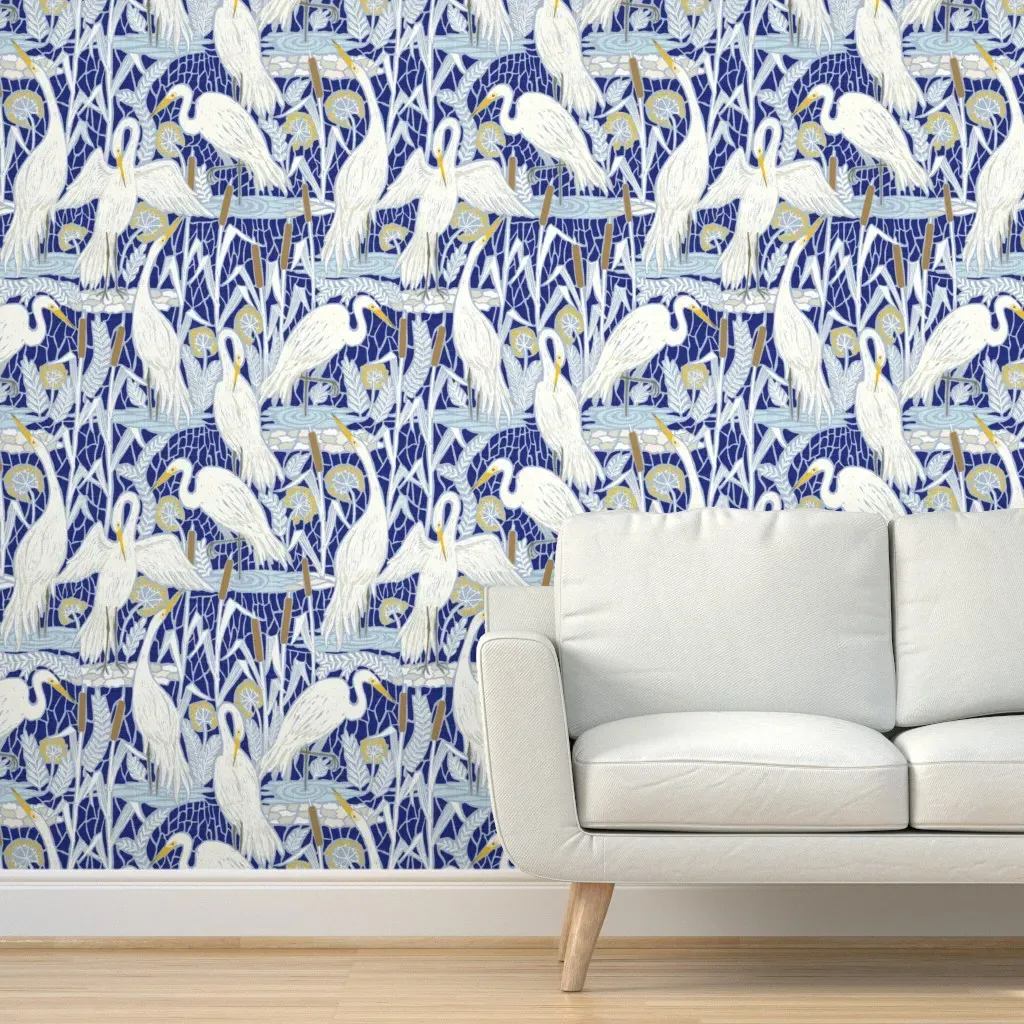 Watching Cranes Jumbo Peel and Stick Wallpaper - Blue, White product