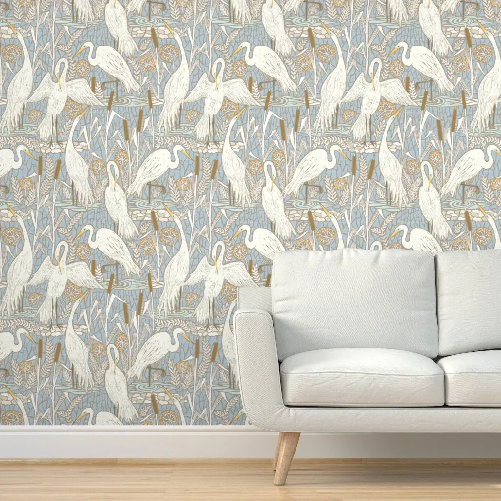 Watching Cranes Peel and Stick Wallpaper - Light Blue, Fabric product