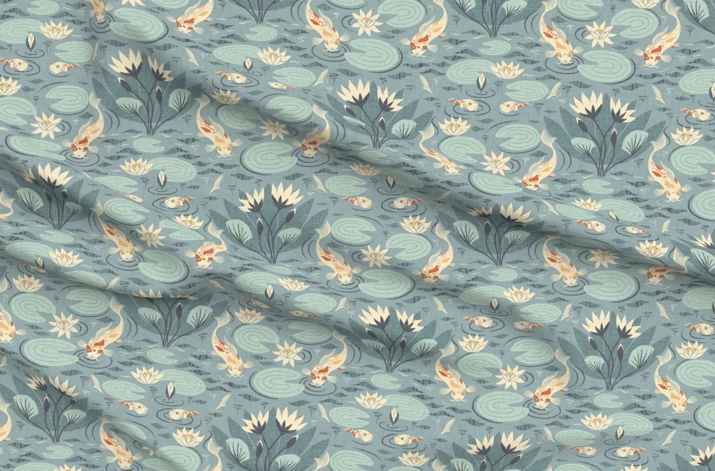 Water Lilies And Koi Fish Damask Large Scale Fabric - Teal product