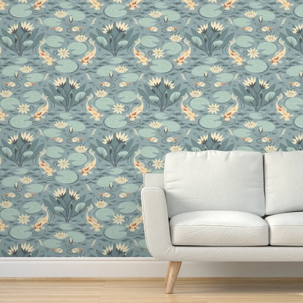 Water Lilies & Koi Fish Damask Peel and Stick Wallpaper - Teal product