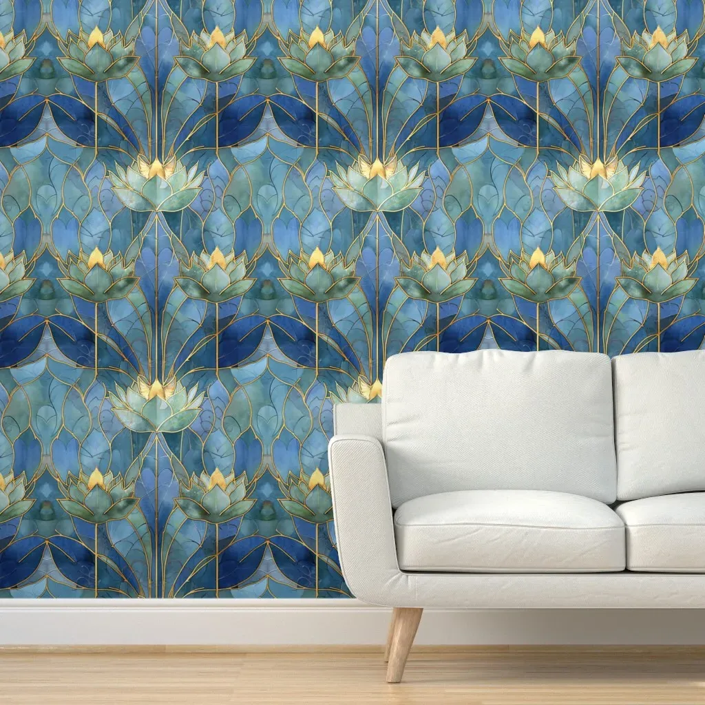 Water Lily Art Nouveau Floral Peel and Stick Wallpaper - Teal product