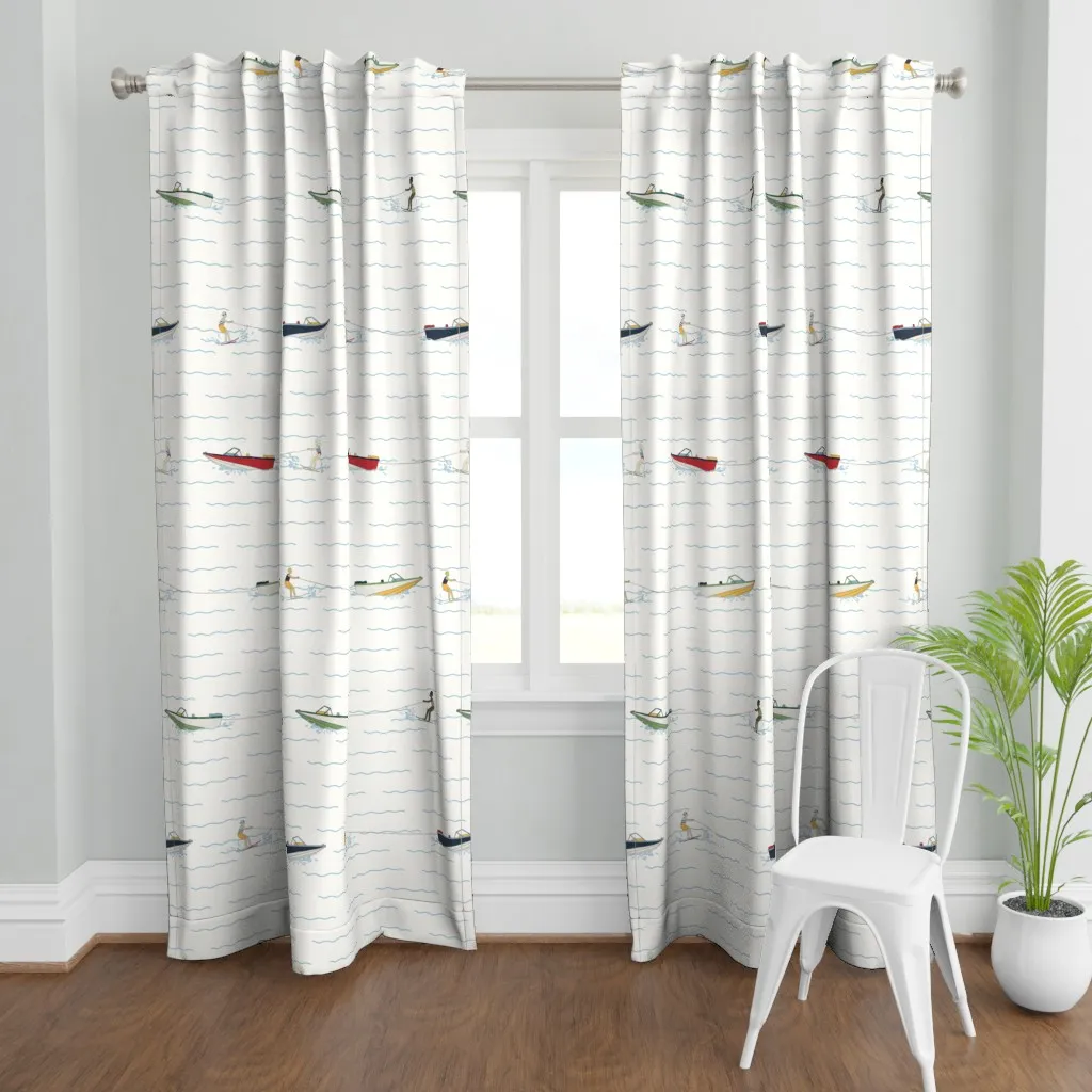 Water Skiers In Primary Curtain Panel - White product