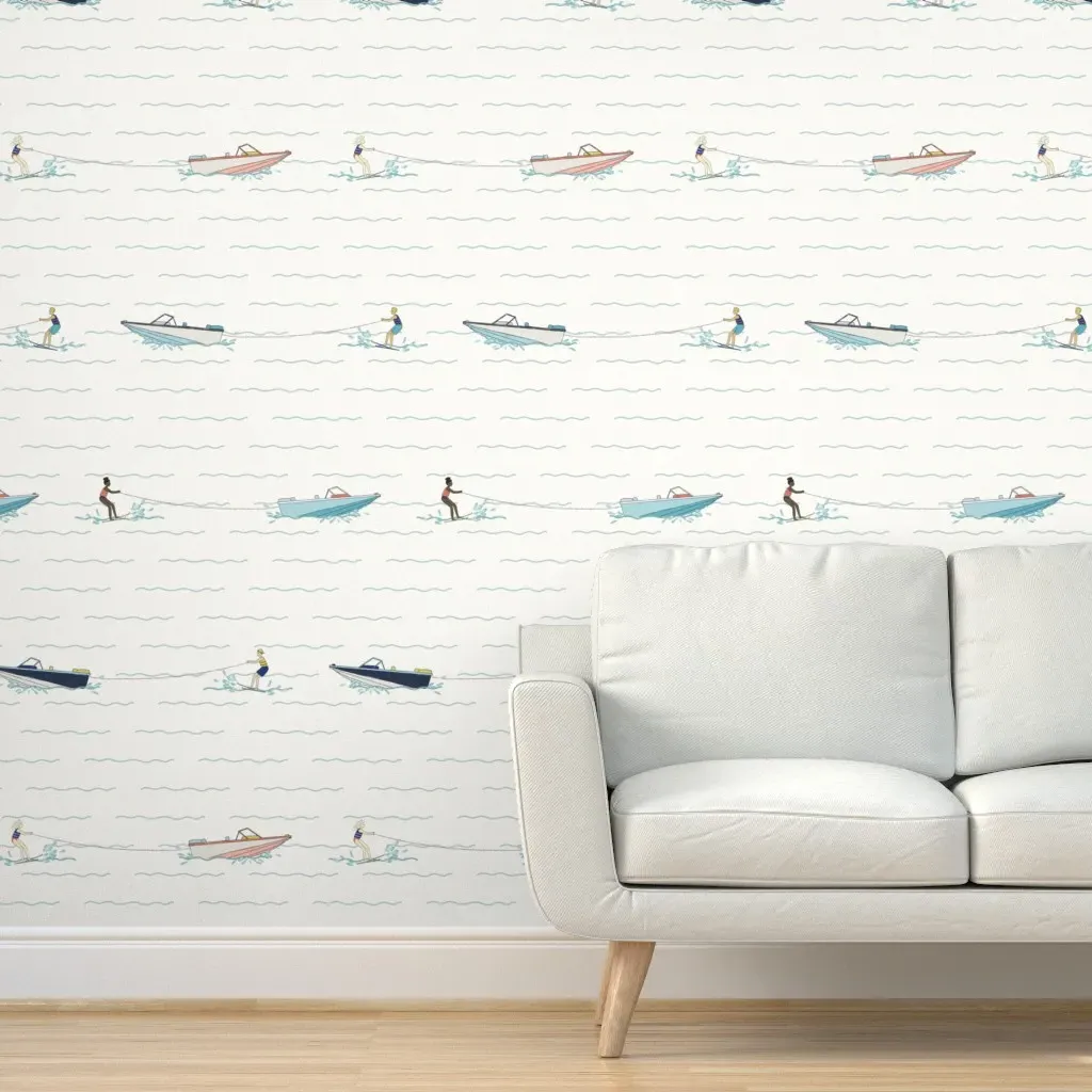 Water Skiers & Lake Life Peel and Stick Wallpaper - Light Blue product