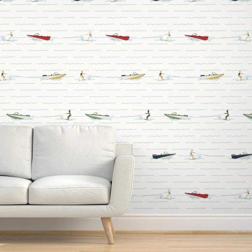 Water Skiers Lake Life Peel and Stick Wallpaper - White product
