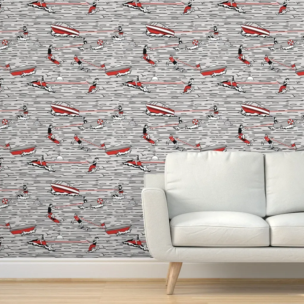 Water Skiing Peel and Stick Wallpaper - Red, Black product