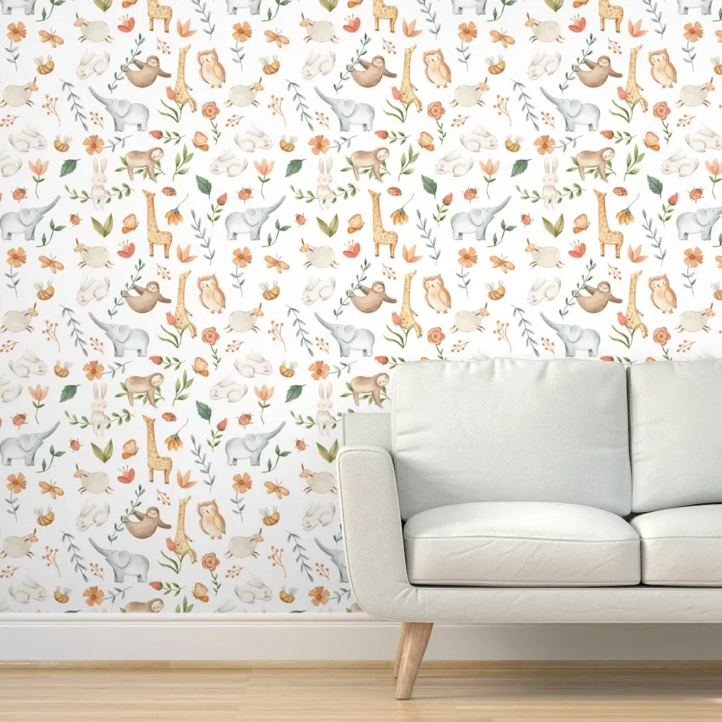 Watercolor Animals Nursery Peel and Stick Wallpaper - White product
