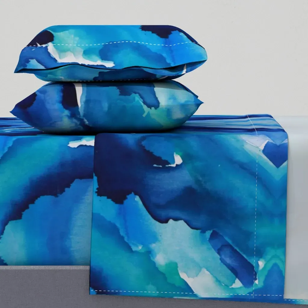 Watercolor Blue Skies Abstract Art Queen Sheet Set - Blue product