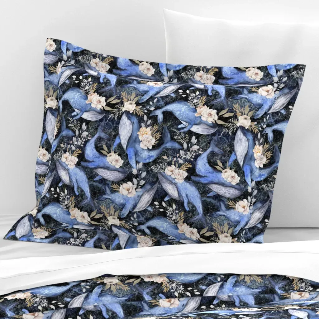 Watercolor Blue Whales Flowers Standard Flanged Pillow - Blue, Cotton Sateen product