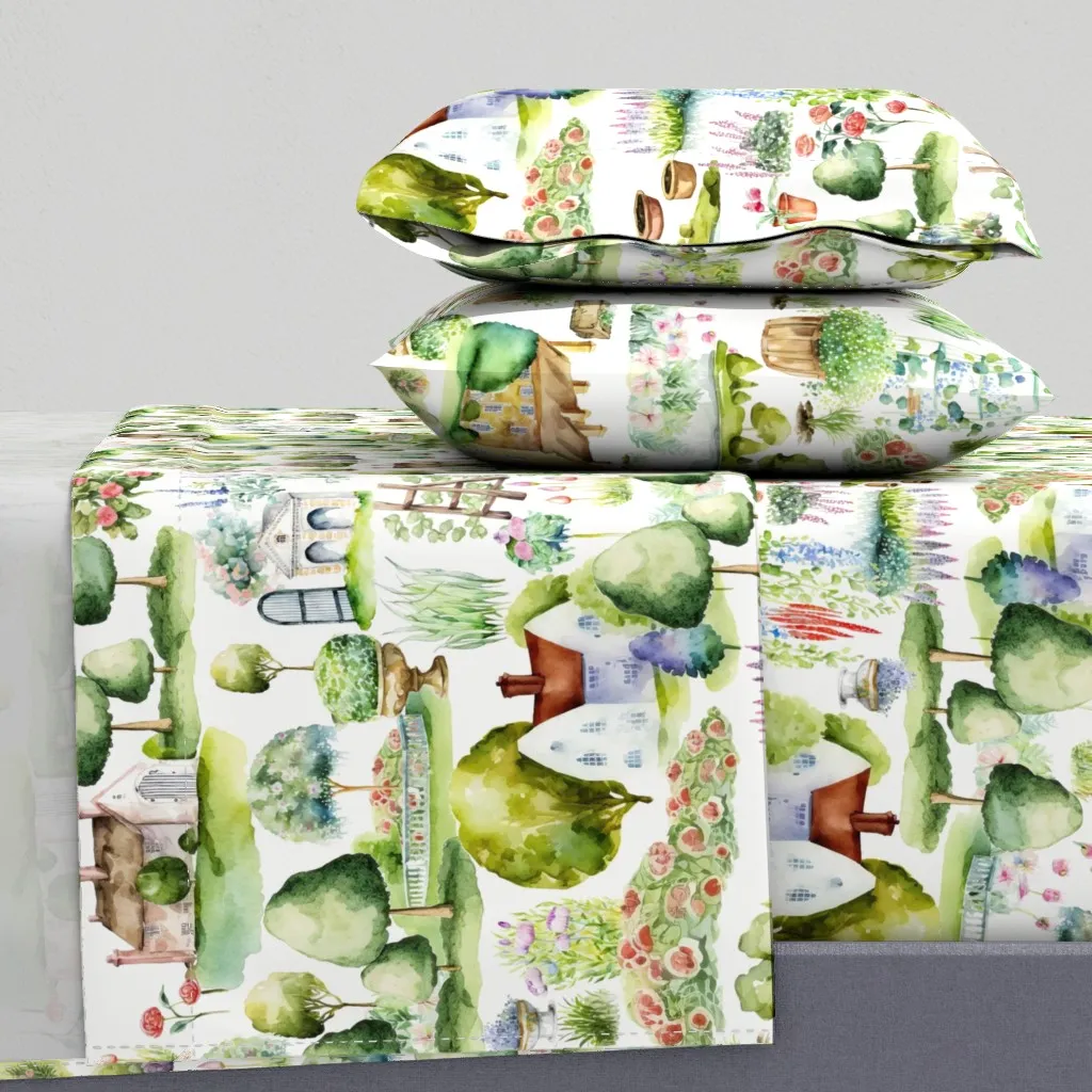 Watercolor British Garden Landscape Queen Sheet Set - Green product