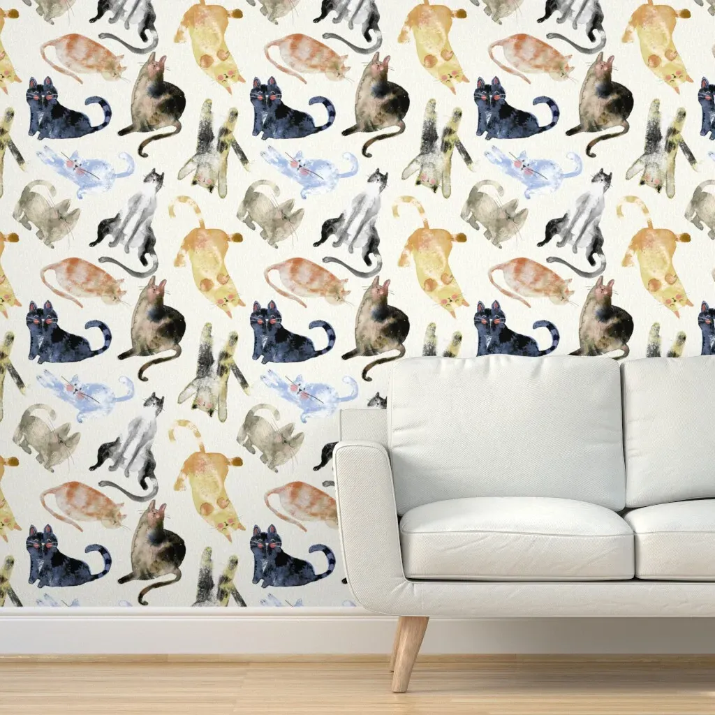 Watercolor Cats Large Peel and Stick Wallpaper - Cream product