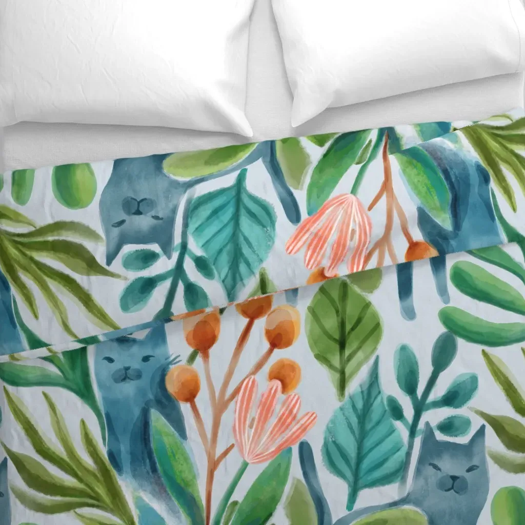 Watercolor Cats & Plants Duvet Cover - Blue-Gray alternate view