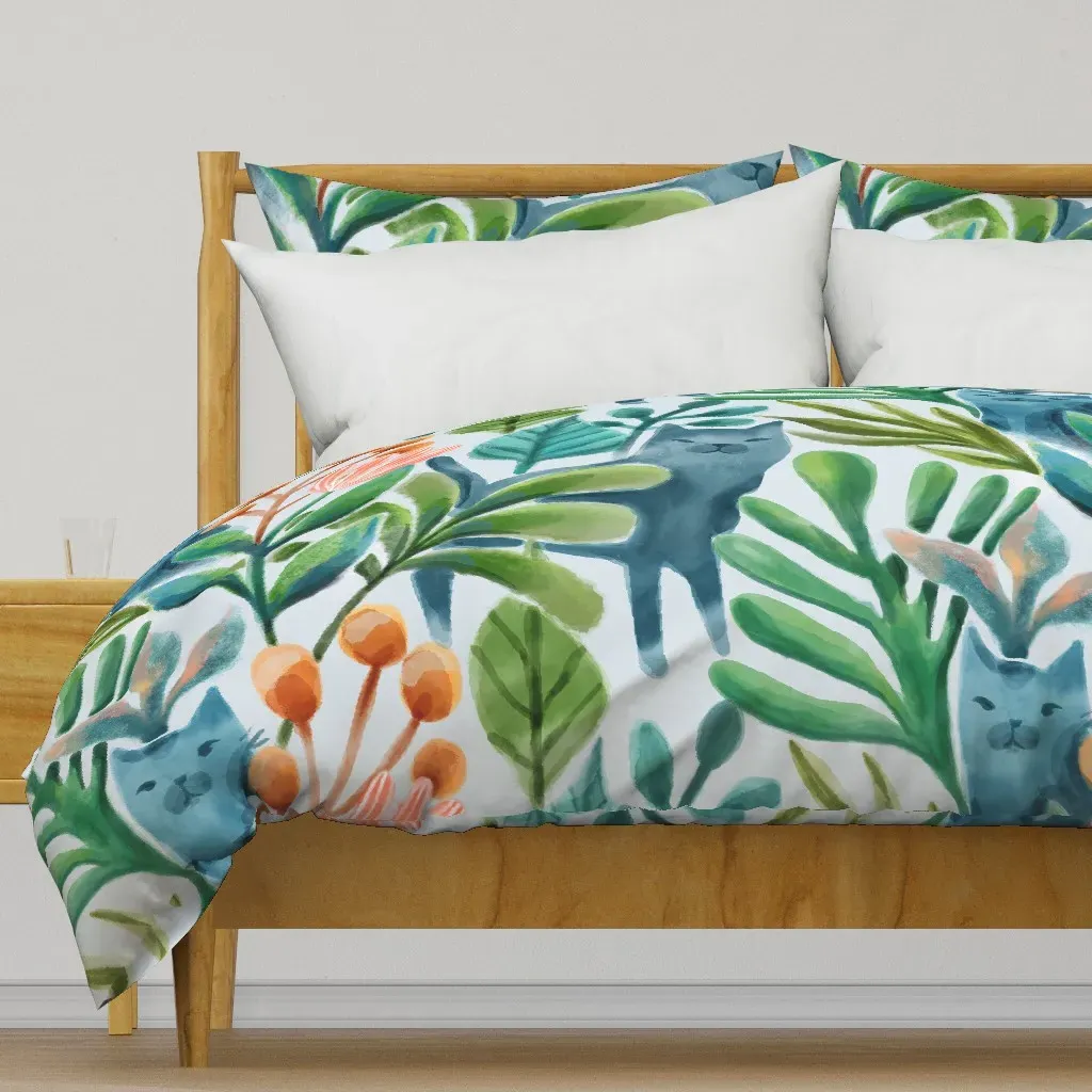 Watercolor Cats & Plants Duvet Cover - Blue-Gray product