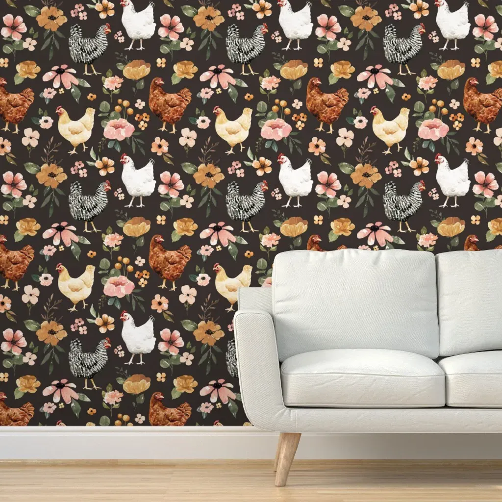 Watercolor Chicken Floral Peel and Stick Wallpaper - White, 24 Inch product