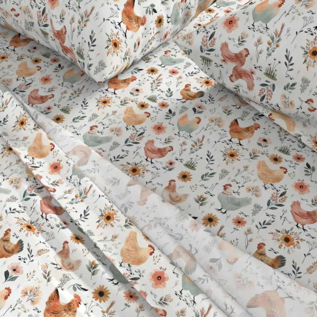 Watercolor Chickens Bohemian Floral Hens Queen Sheet Set - Peach alternate view