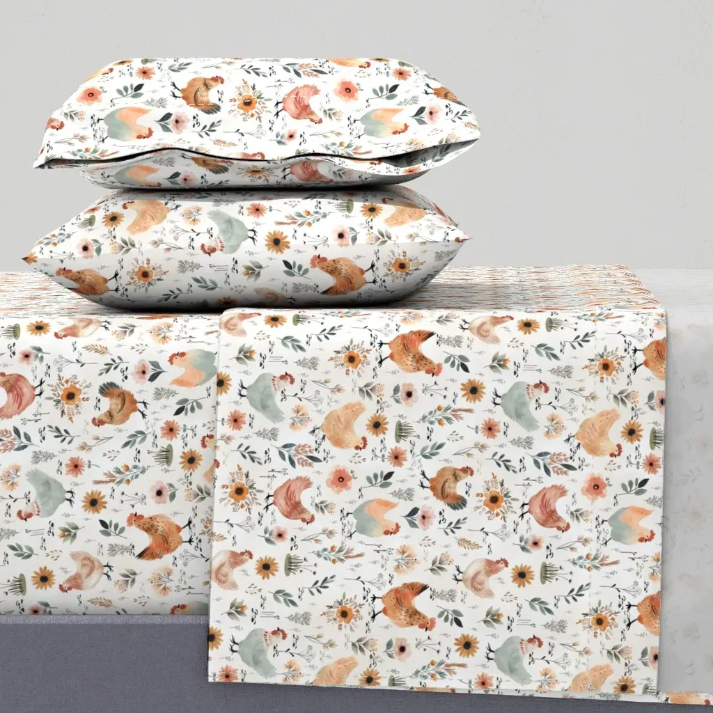 Watercolor Chickens Bohemian Floral Hens Queen Sheet Set - Peach product