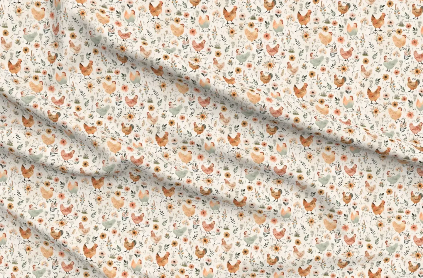 Watercolor Chickens Hens In The Meadow French Country Fabric - Cream product