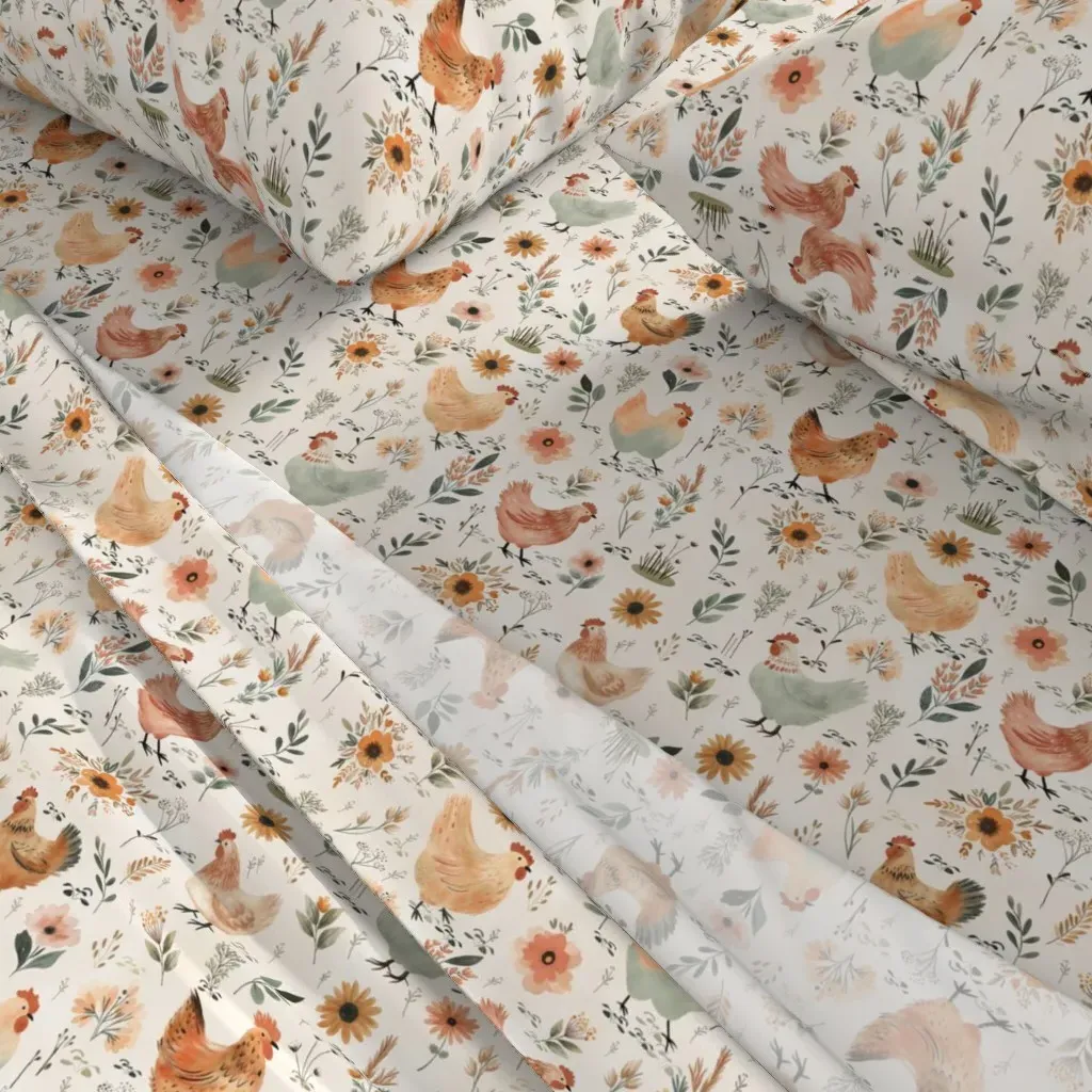 Watercolor Chickens Hens In The Meadow Full Sheet Set - Cream alternate view