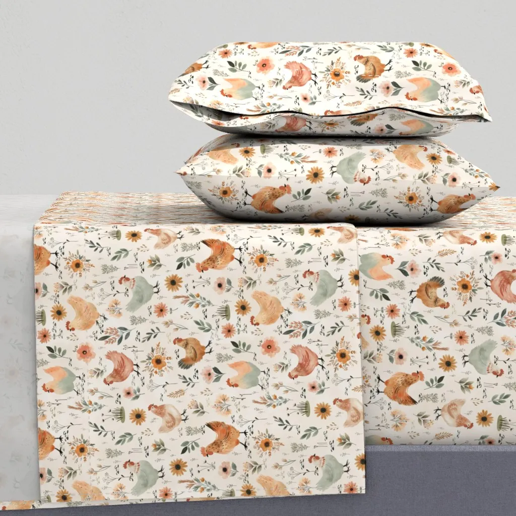 Watercolor Chickens Hens In The Meadow Full Sheet Set - Cream product