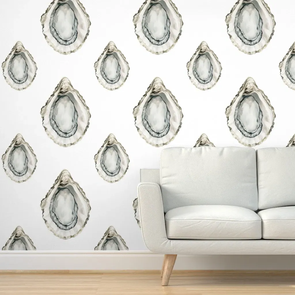 Watercolor Coastal Oysters Peel and Stick Wallpaper - White product