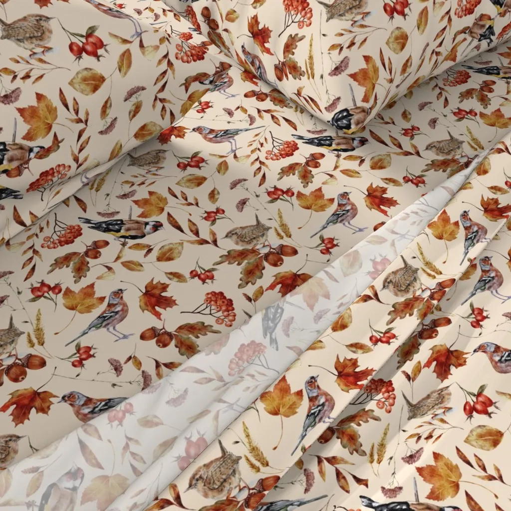 Watercolor Fall Forest Birds And Leaves King Sheet Set - Beige alternate view