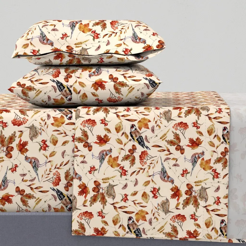Watercolor Fall Forest Birds And Leaves King Sheet Set - Beige product