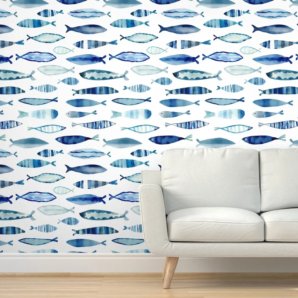 Watercolor Fish Pattern Peel and Stick Wallpaper - Blue, White product