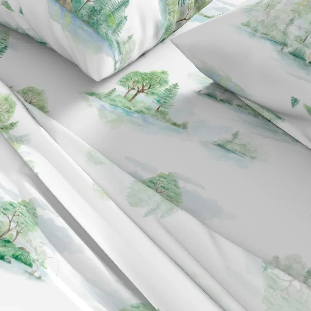 Watercolor Fishermen Toile Queen Sheet Set - Green alternate view