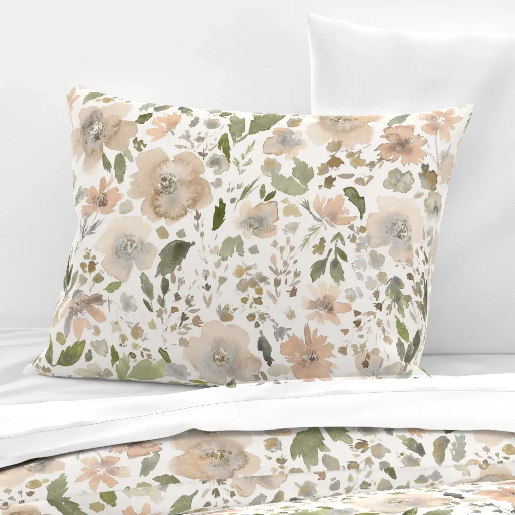Watercolor Floral & Leaves Standard Knife Edge Cushion - Beige, Cotton Sateen product