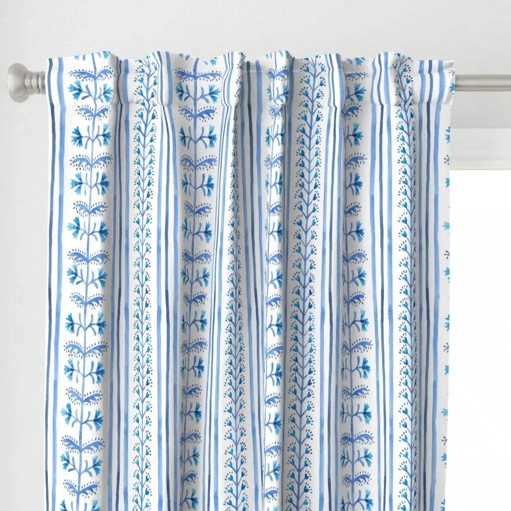Watercolor Floral Stripe Curtain Panel - Blue alternate view