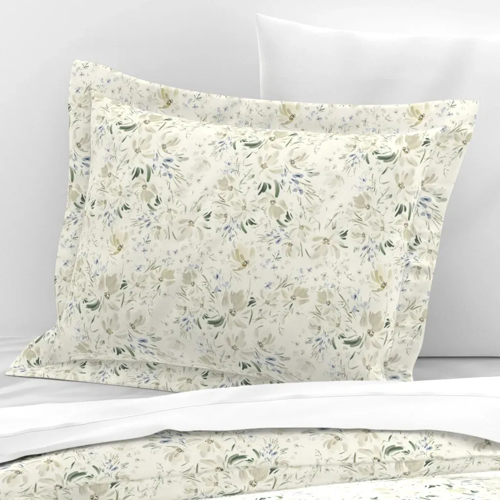 Watercolor Florals Standard Flanged Pillow Sham - White, Cotton Sateen product