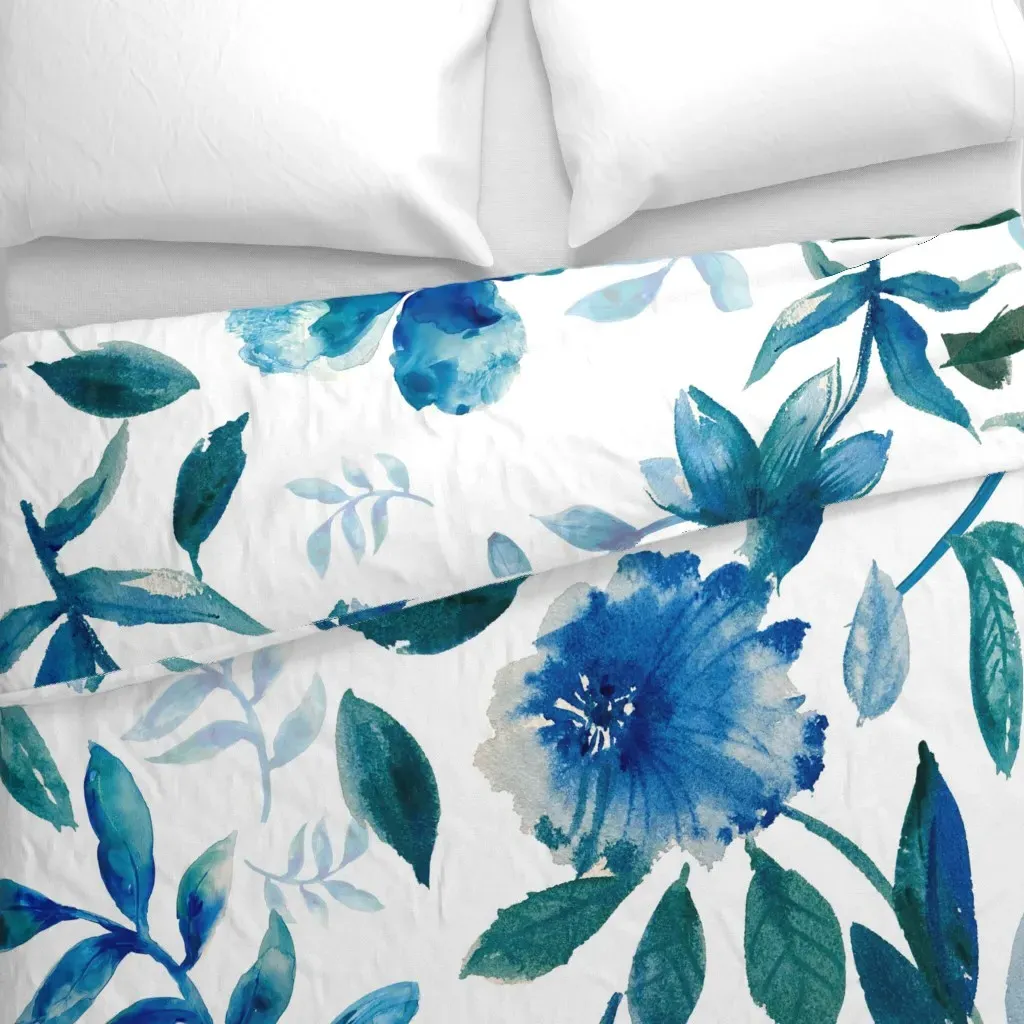 Watercolor Flowers And Leaves Duvet Cover - Blue alternate view