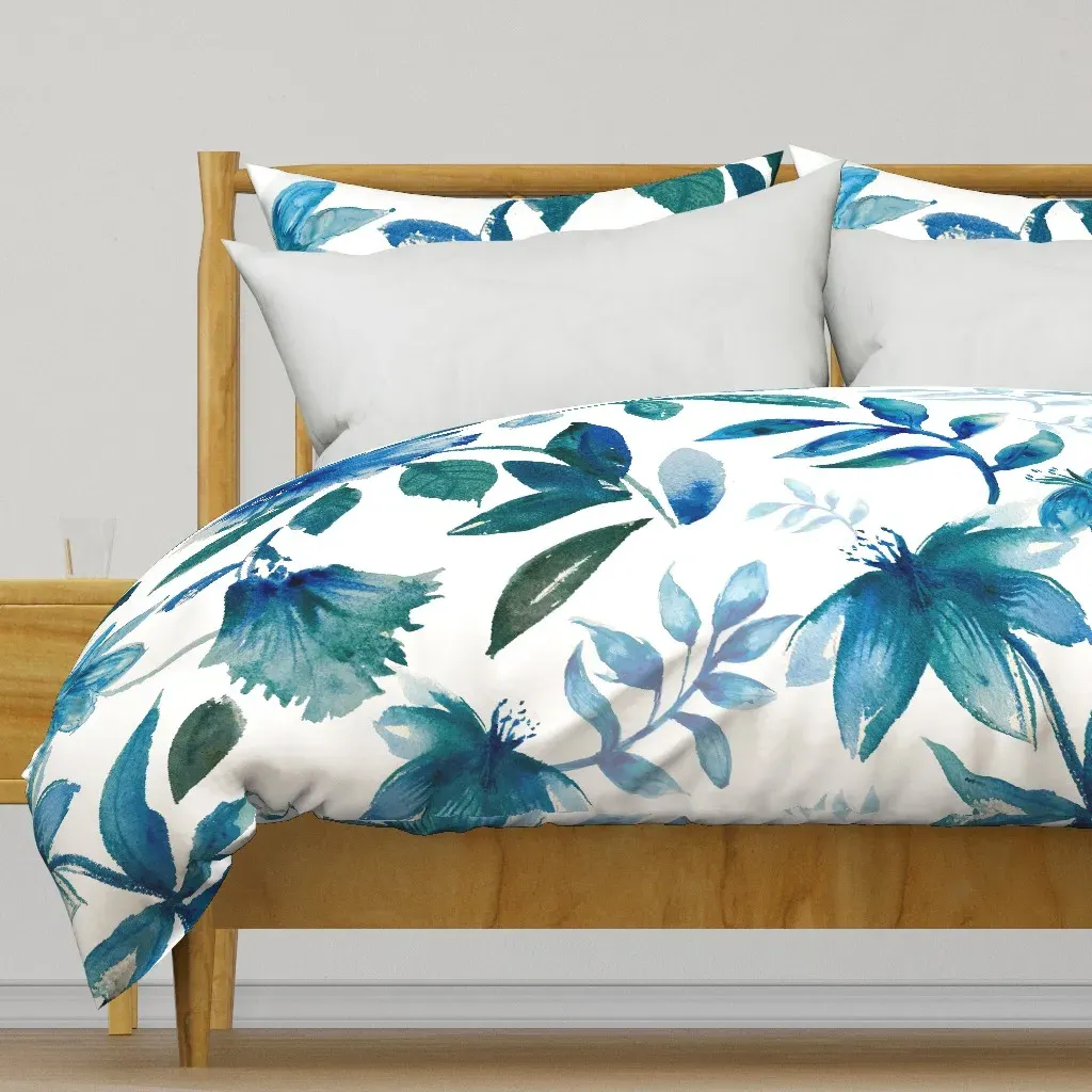 Watercolor Flowers And Leaves Duvet Cover - Blue product