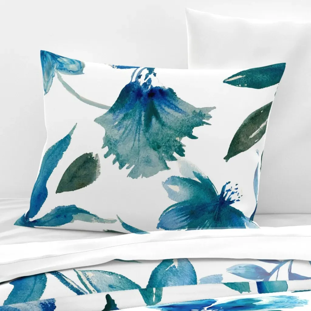 Watercolor Flowers & Leaves Standard Knife Edge Cushion - Blue, Cotton Sateen product