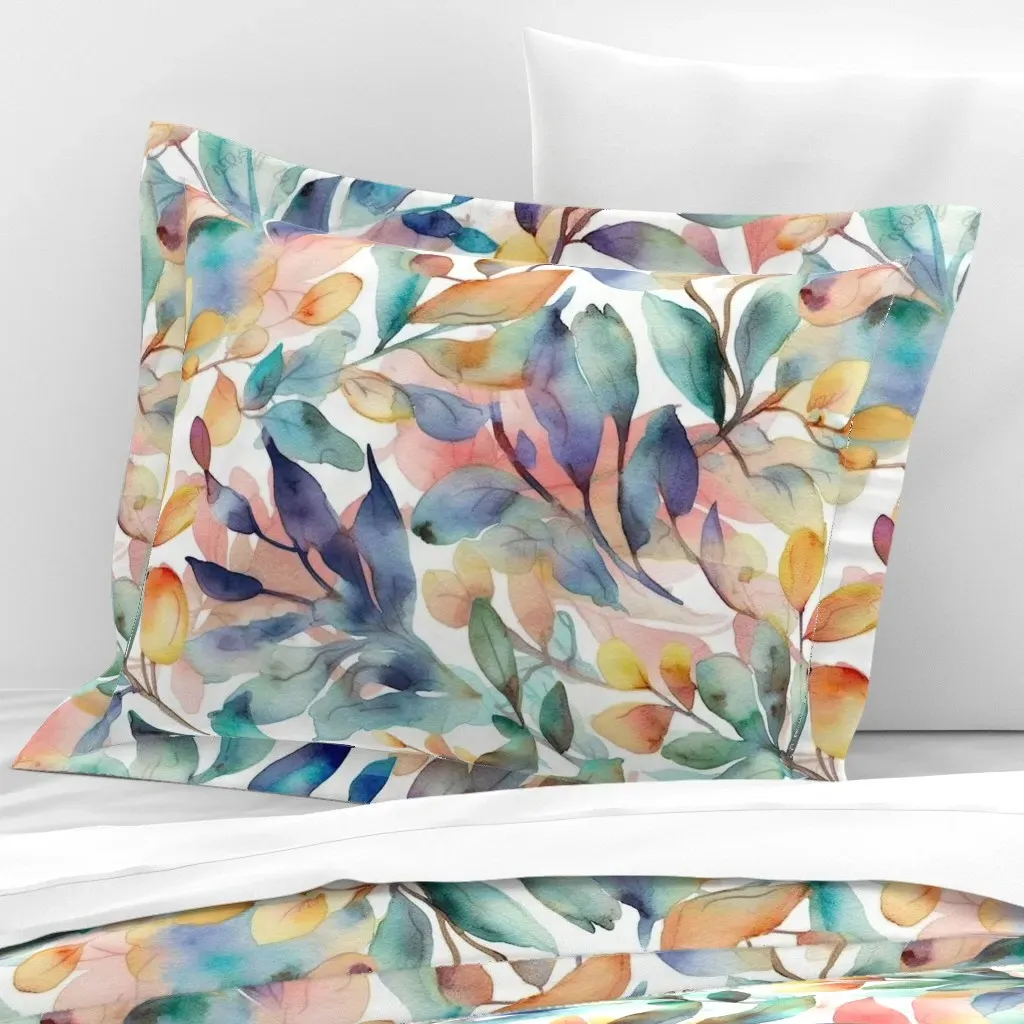 Watercolor Foliage Standard Flanged Cushion Cover - Teal, Cotton Sateen product