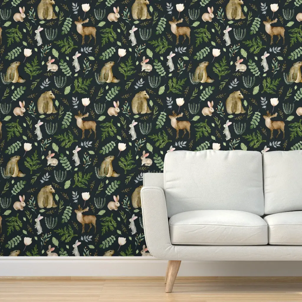 Watercolor Forest Deer Bear Rabbit Peel and Stick Wallpaper - Brown product