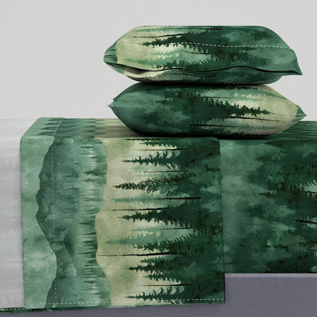 Watercolor Forest Pine Trees Queen Sheet Set - Dark Green product