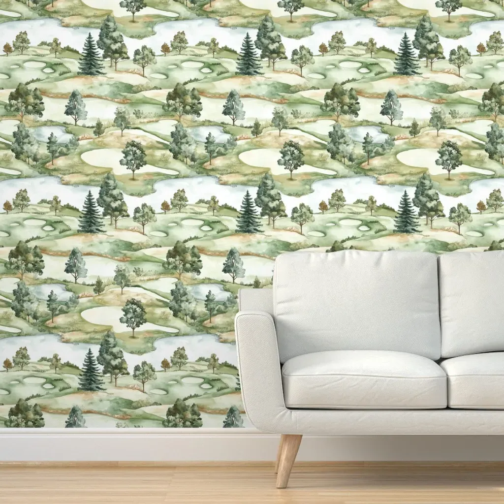 Watercolor Golf Course Landscape Peel and Stick Wallpaper - Green product
