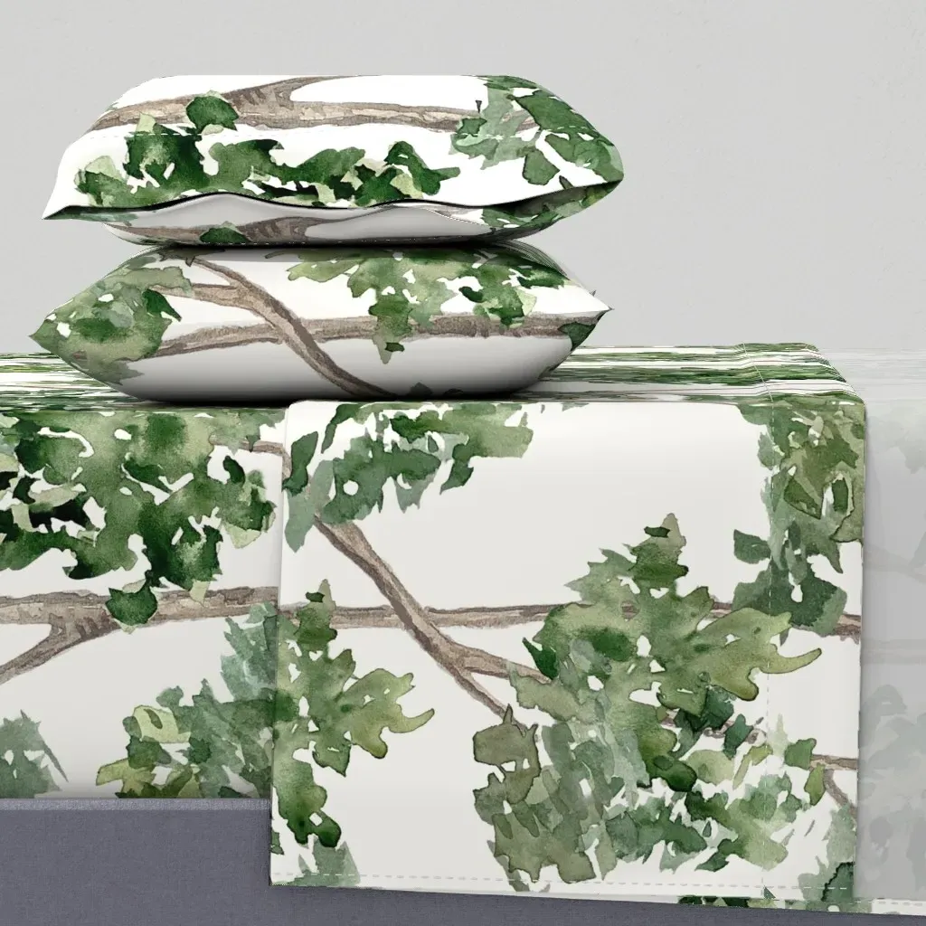 Watercolor Leaves Hall Branches Queen Sheet Set - Green product