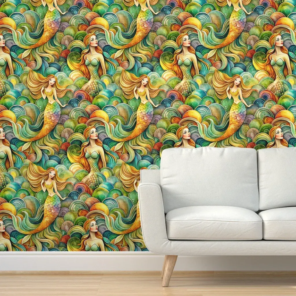 Watercolor Mermaids Peel and Stick Wallpaper - Gold product